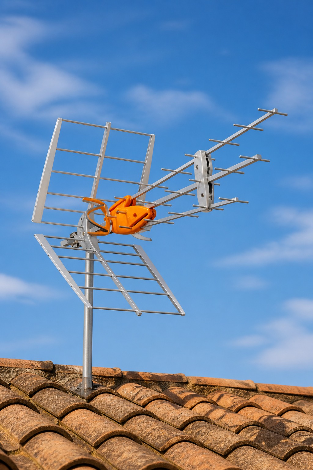 Antena terrestre TDT instalada en tejado con cielo despejado