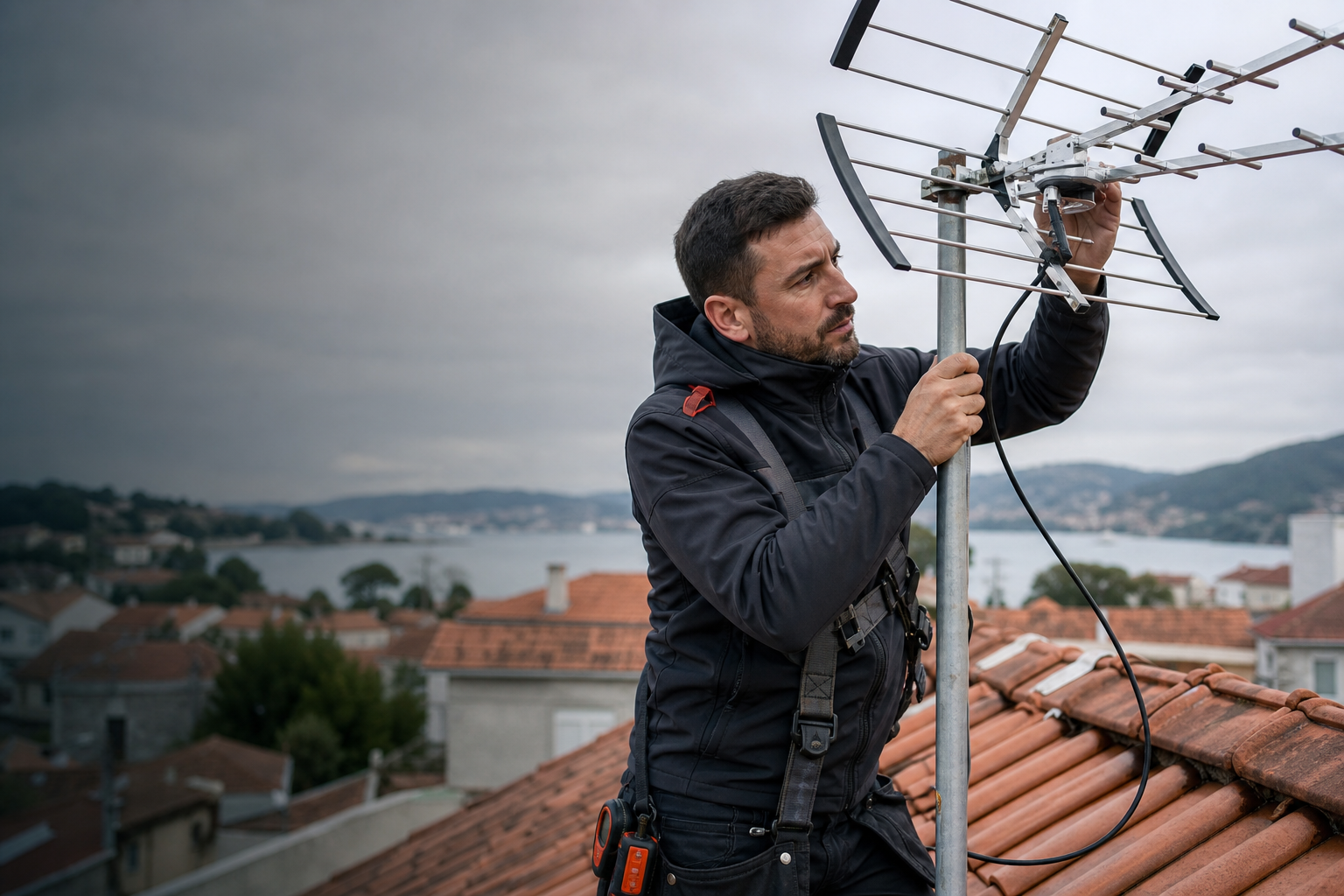 Técnico de Electrónica Japón instalando una antena en un tejado
